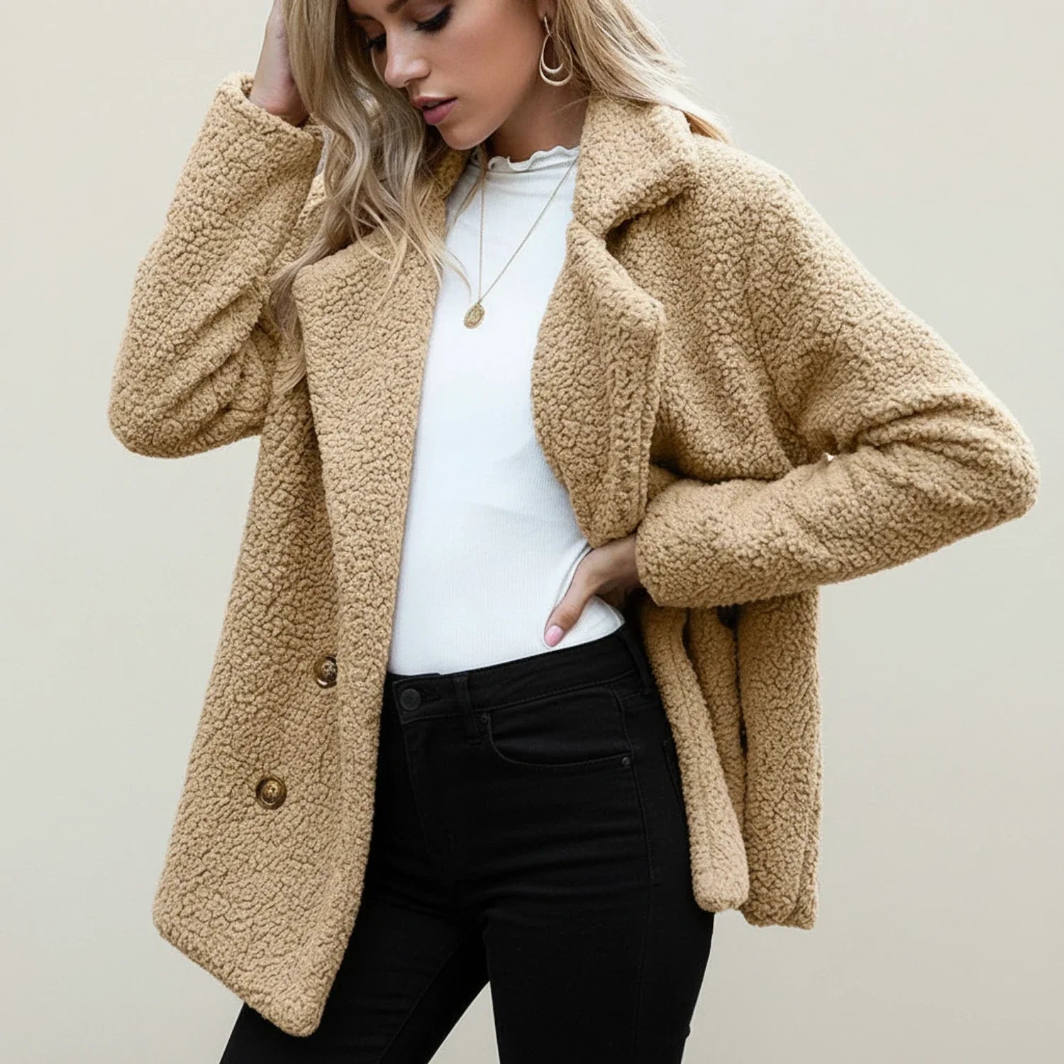 Double Breasted Teddy Peacoat for in Beige - styled look