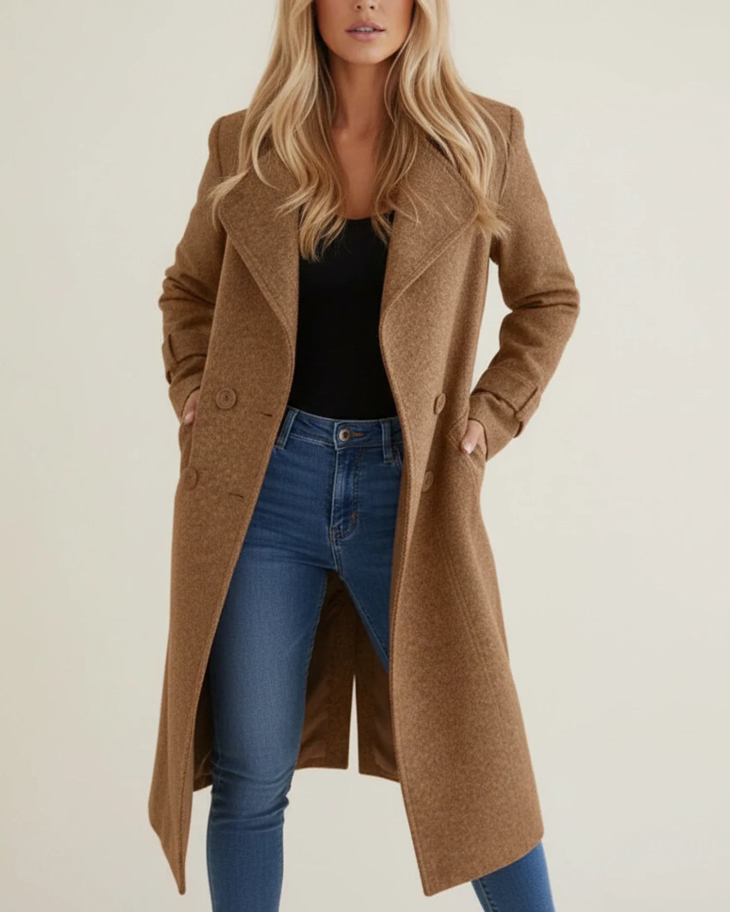 Elegant Long Winter Coat for Formal Occasions in Brown - front view