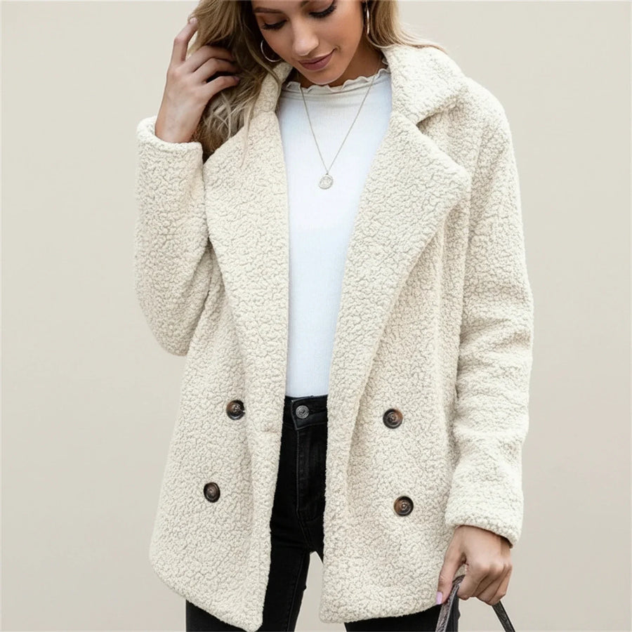 Luvrefashion | Double Breasted Teddy Peacoat for in Beige - front view