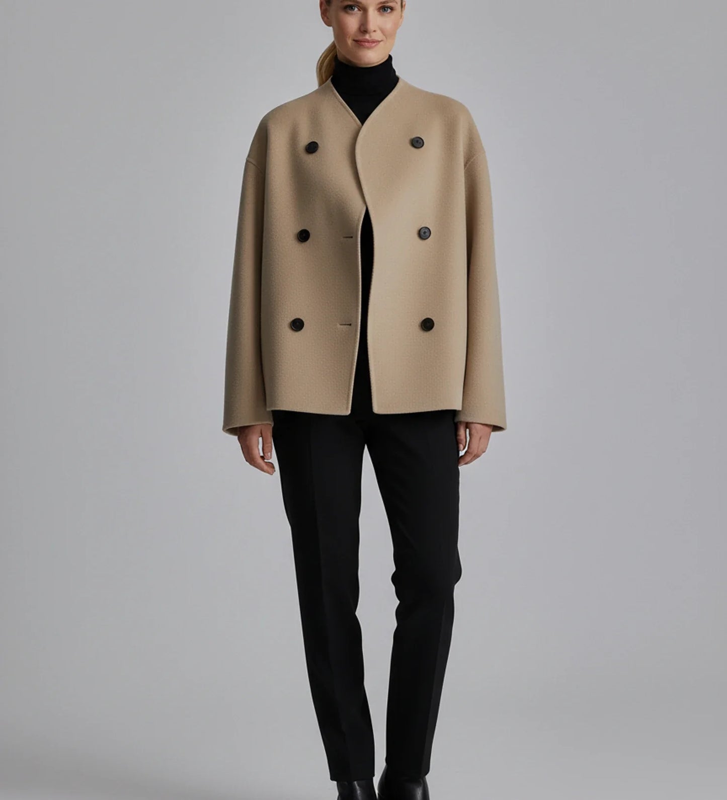 Luvrefashion | Ladies' Collarless Double Breasted Short Jacket in Khaki - back view