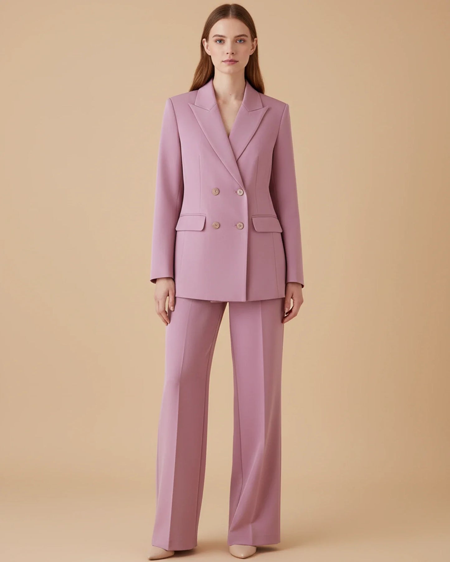 Ladies' Elegant Double Breasted Trouser Suit in Pink - front view