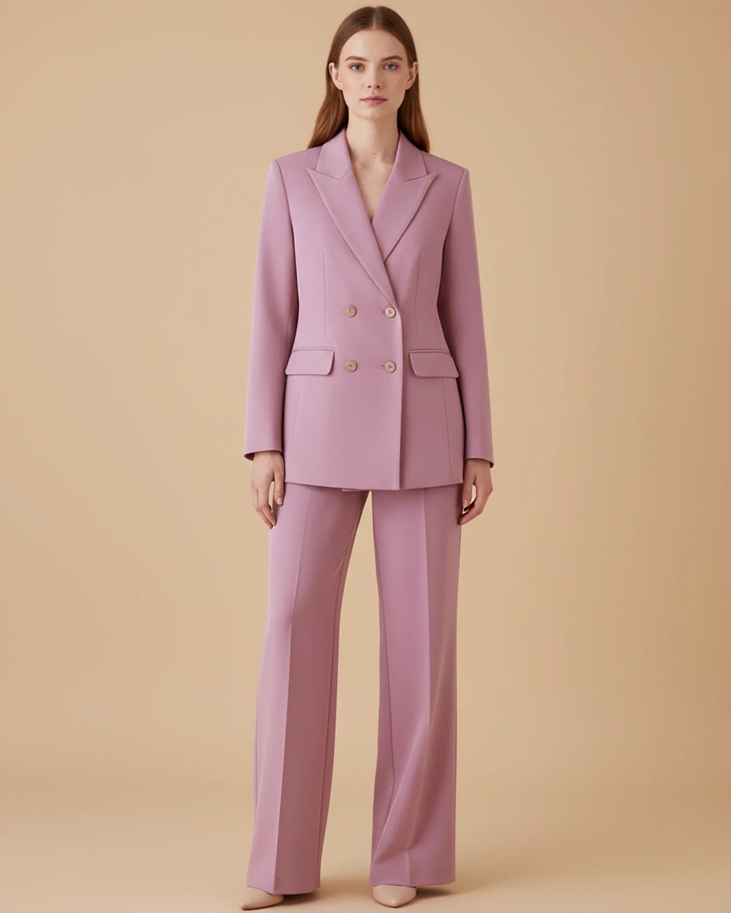 Ladies' Elegant Double Breasted Trouser Suit in Pink - front view