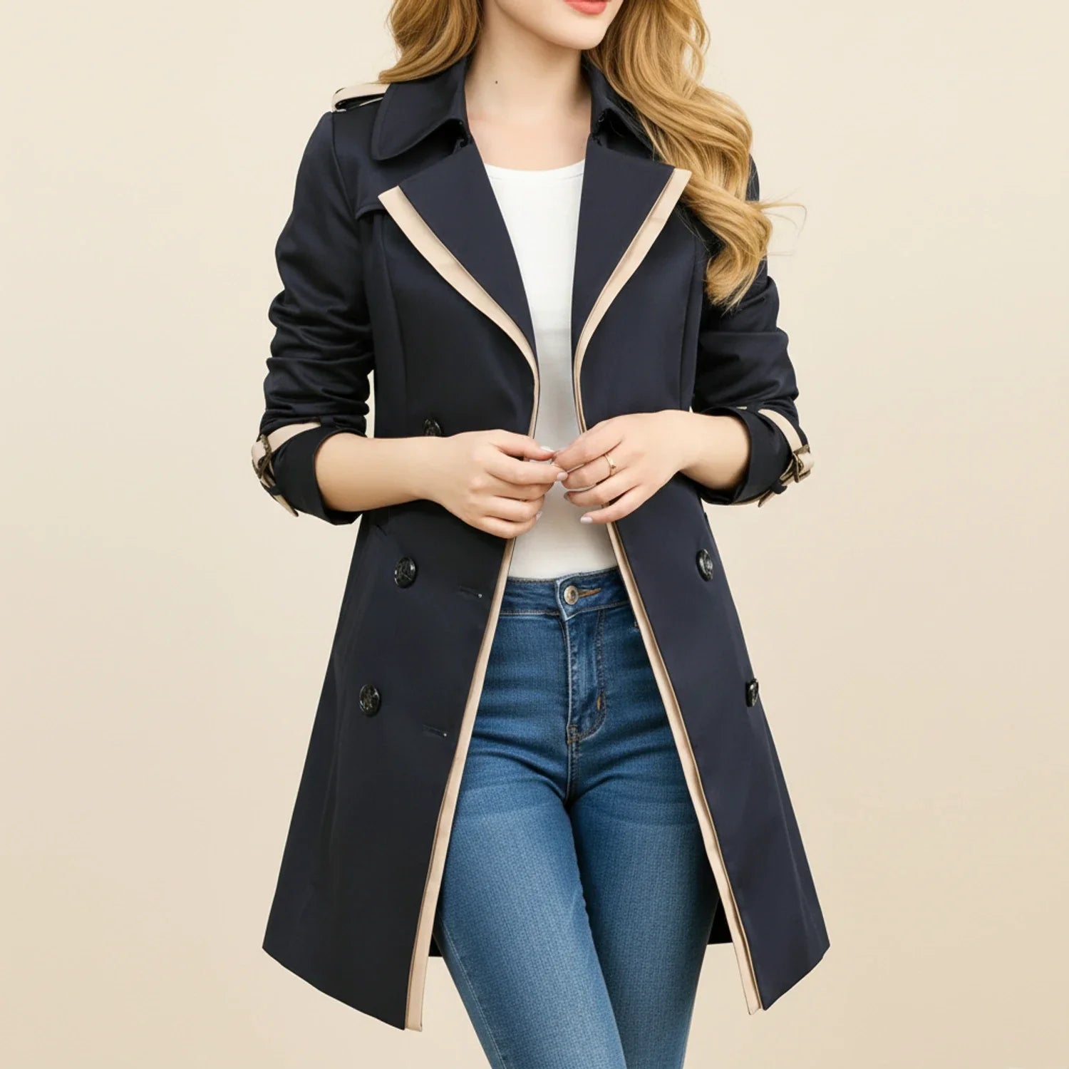 Double Breasted Trench Coat for in Black - front view