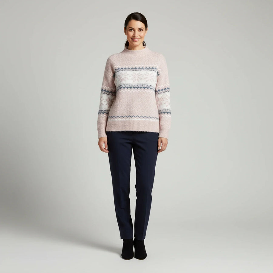 Luvrefashion | Mock Neck Pullover Sweater with Fair Isle Pattern for in Pink - back view