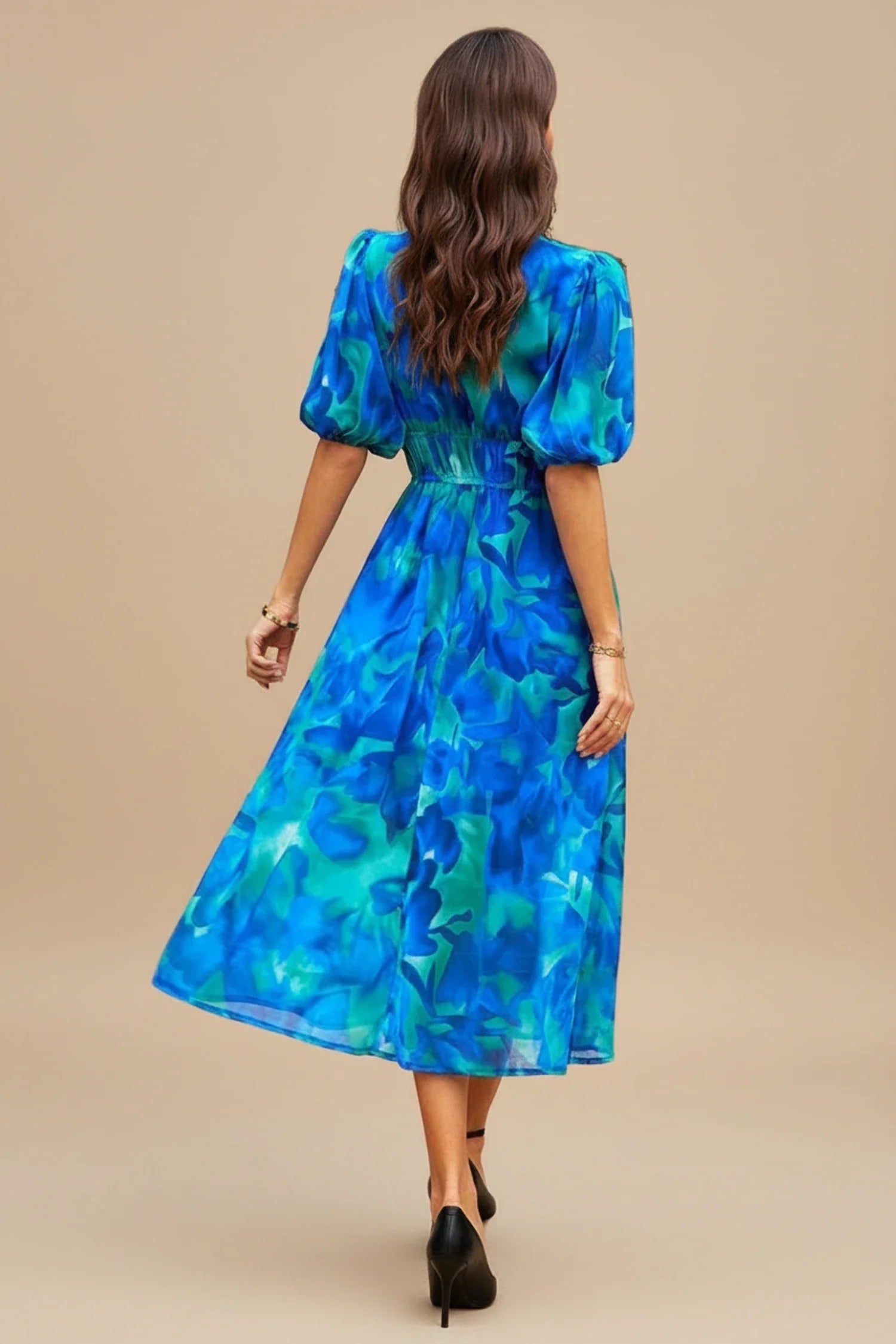 Luvrefashion | Floral A Line Midi Dress with V Neck for in Floral - detail view