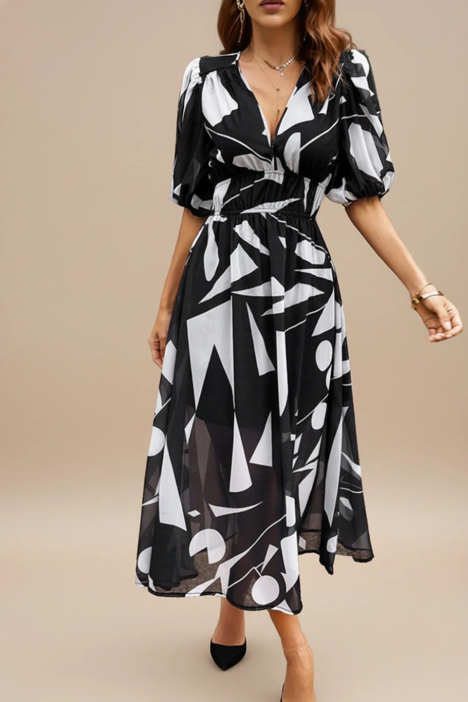 Luvrefashion | Floral A Line Midi Dress with V Neck for in Floral - styled look