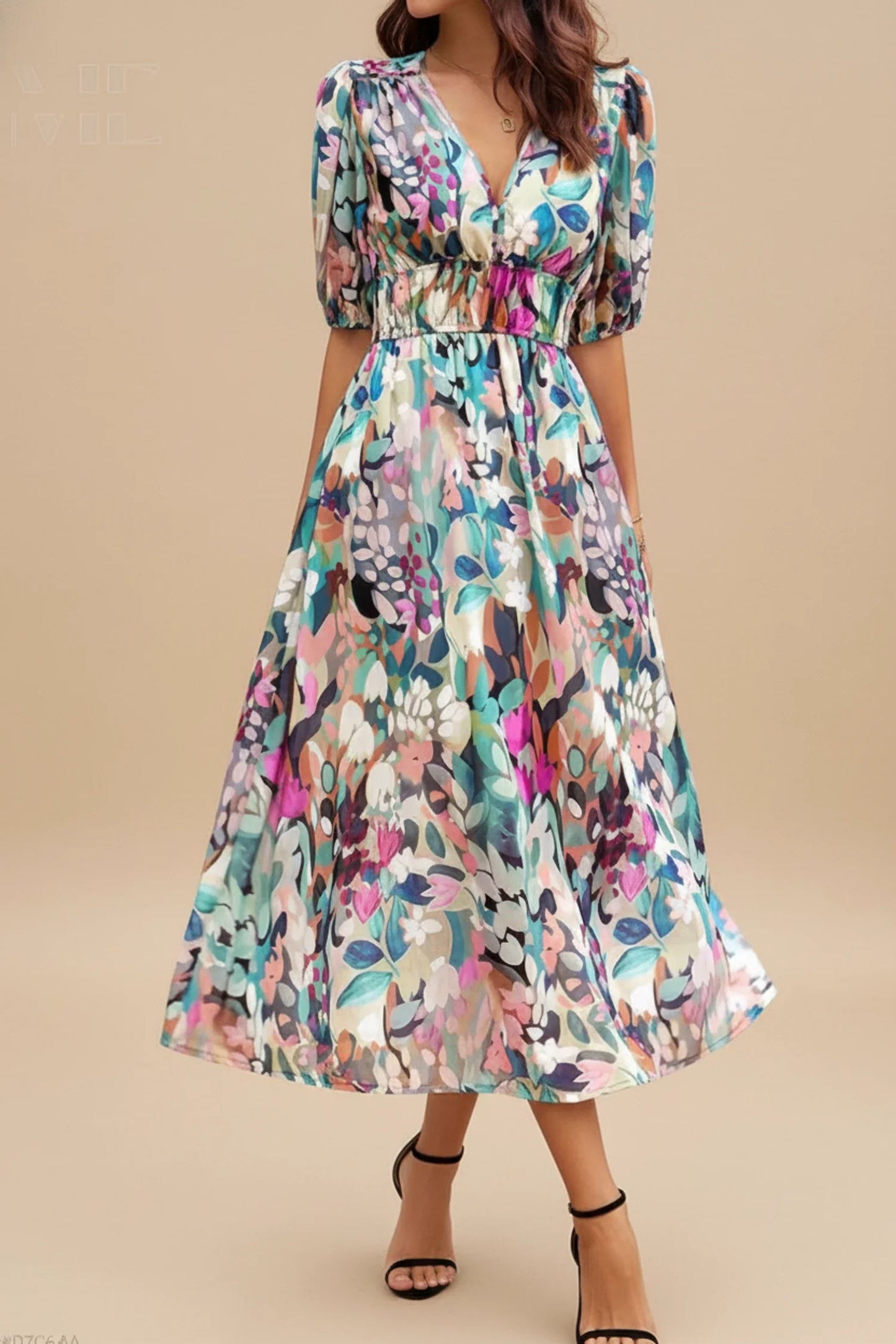 Luvrefashion | Floral A Line Midi Dress with V Neck for in Floral - front view