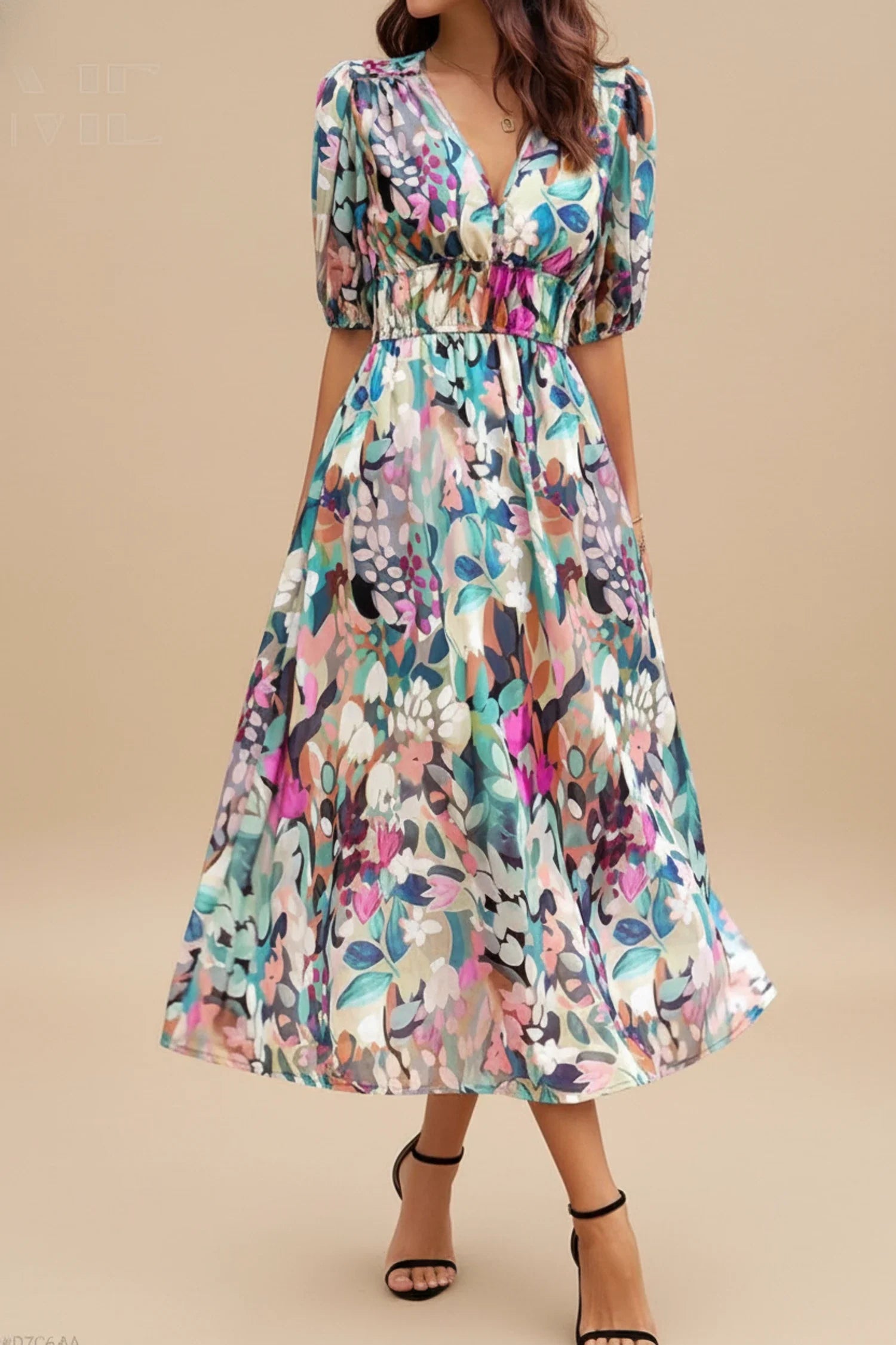 Luvrefashion | Floral A Line Midi Dress with V Neck for in Floral - front view