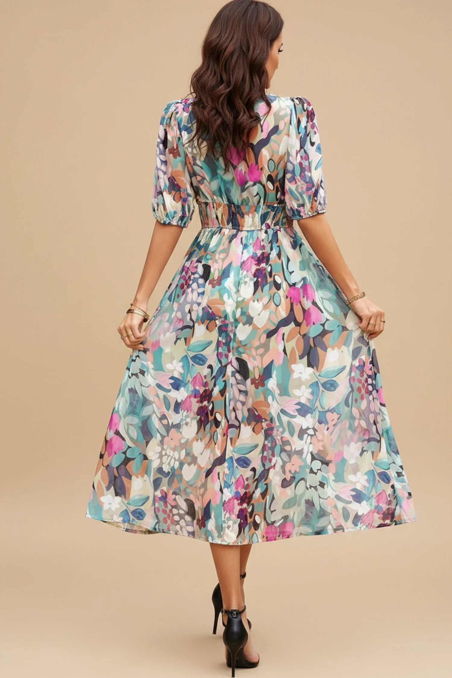 Luvrefashion | Floral A Line Midi Dress with V Neck for in Floral - side view