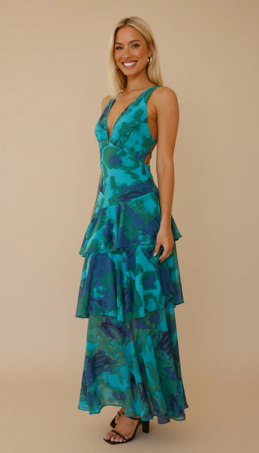Luvrefashion | Floral V Neck Maxi Dress for in Green - front view