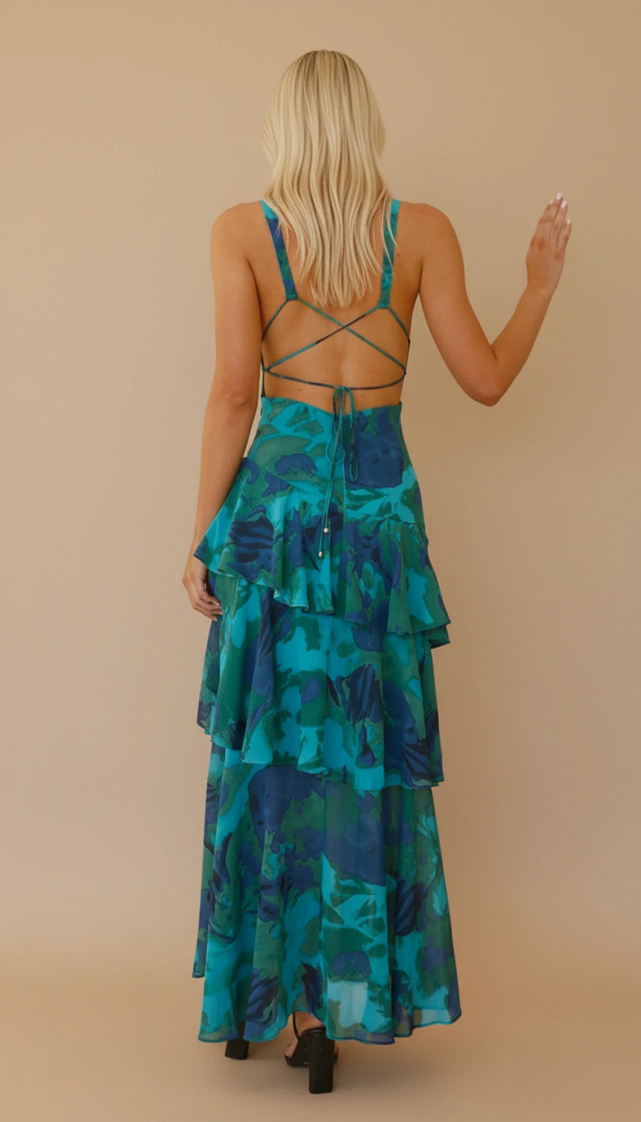 Luvrefashion | Floral V Neck Maxi Dress for in Green - back view