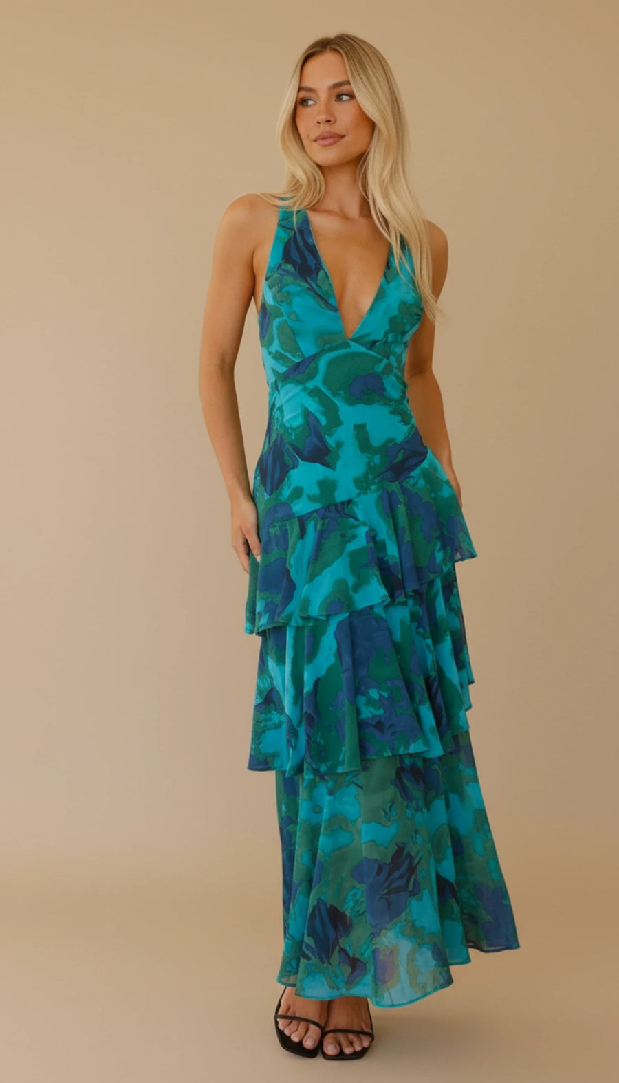 Luvrefashion | Floral V Neck Maxi Dress for in Green - side view