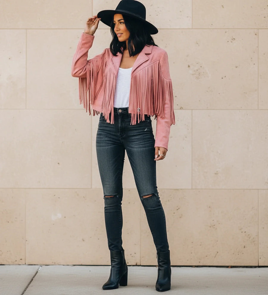 Luvrefashion | Fringed Motorcycle Jacket for in Pink - front view
