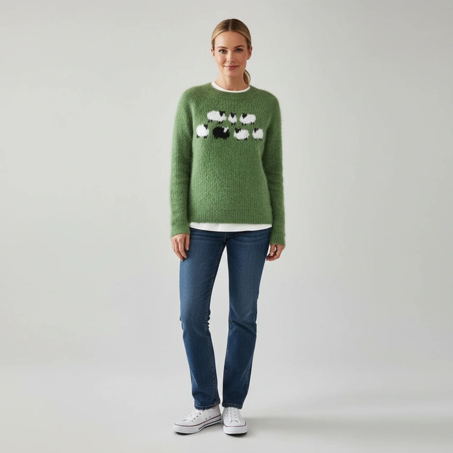 Black Sheep Graphic Pullover Sweater in Green - back view