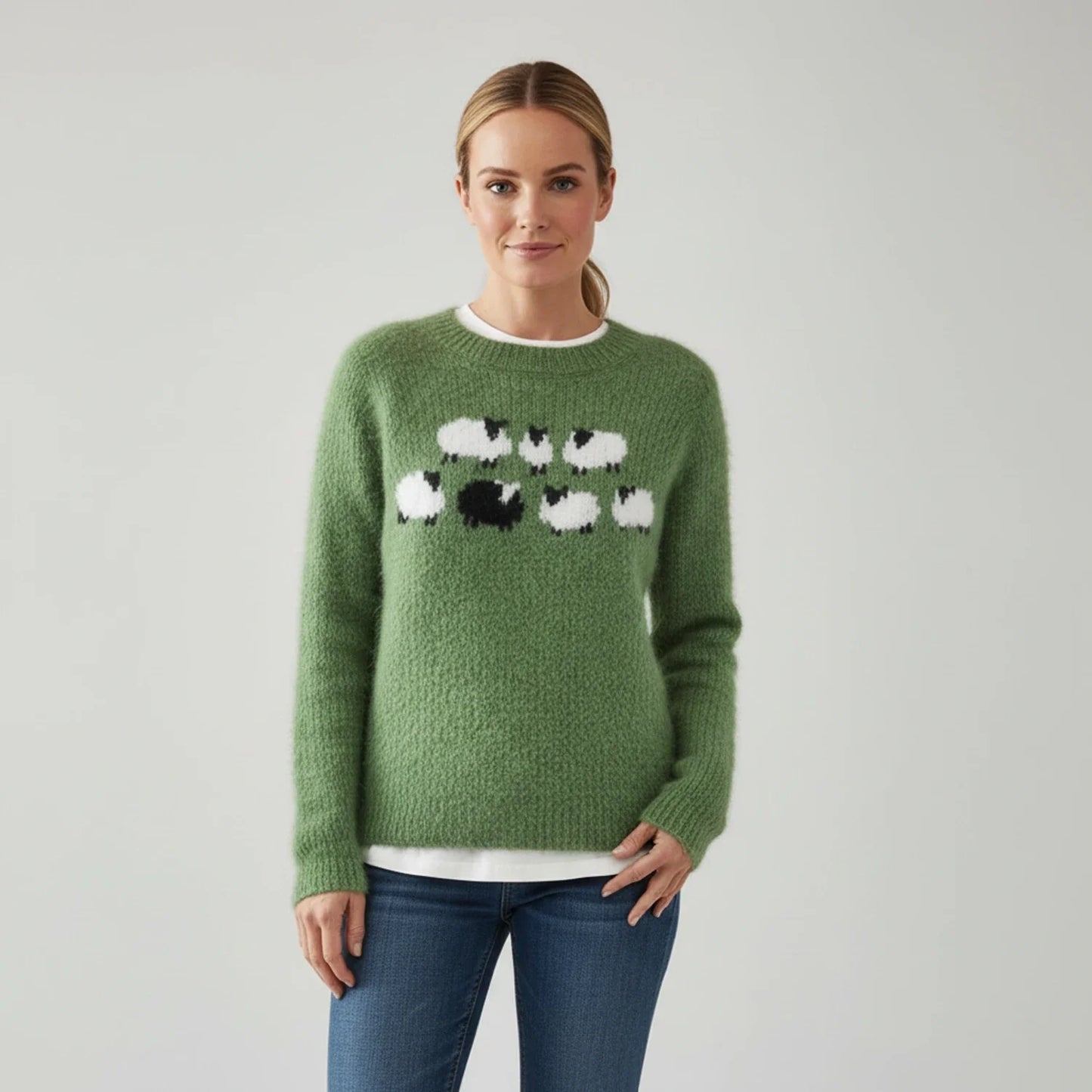 Black Sheep Graphic Pullover Sweater in Green - front view