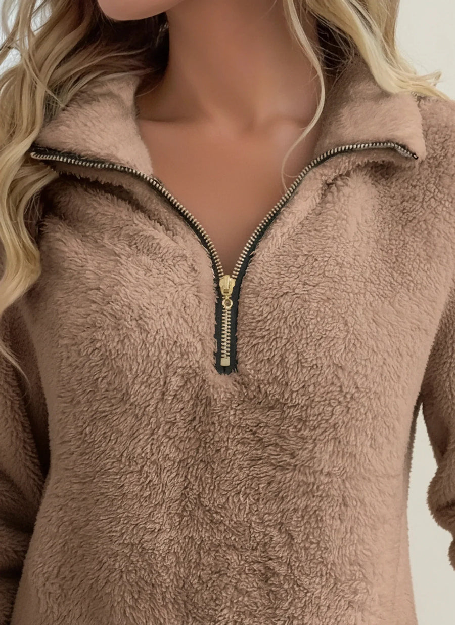 Luvrefashion | Cozy Half Zip Teddy Sweater for in Brown - side view