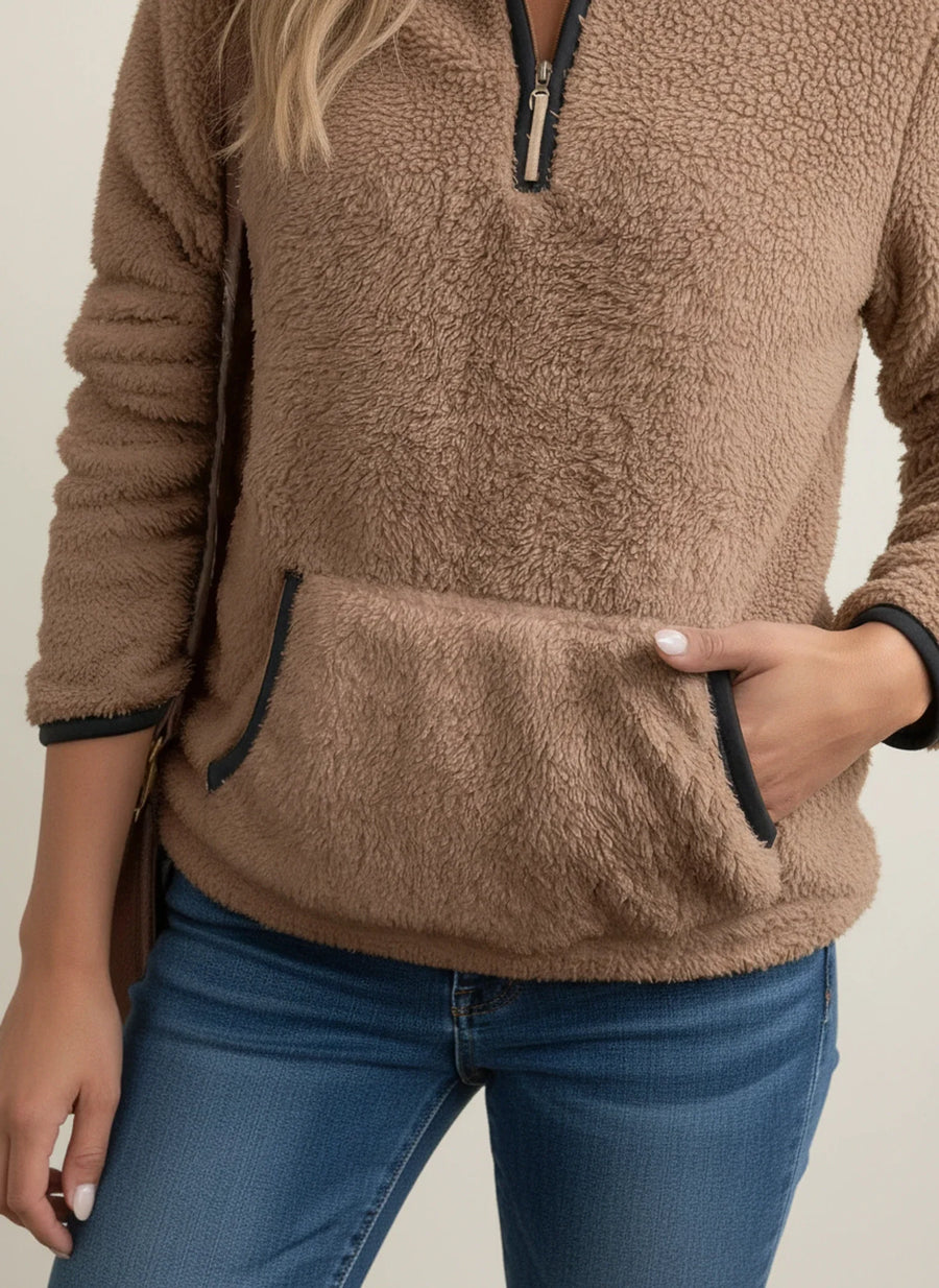 Luvrefashion | Cozy Half Zip Teddy Sweater for in Brown - back view