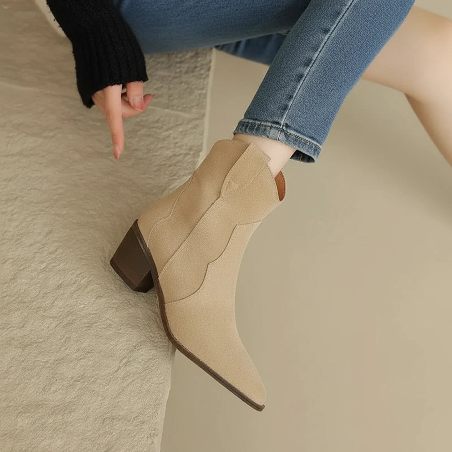 Ladies' Western Style Ankle Boots in Apricot - detail view