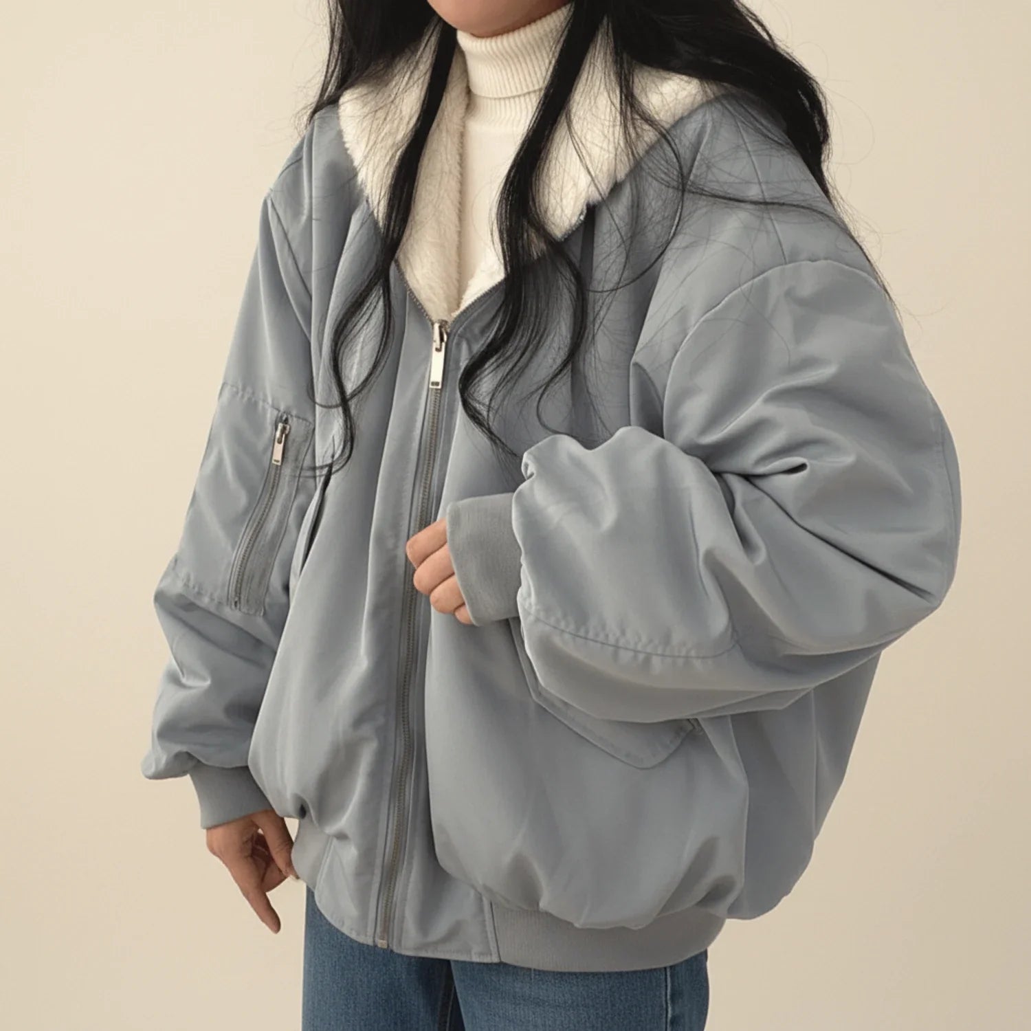 Bomber Jacket with Fur Hood for in Gray - front view