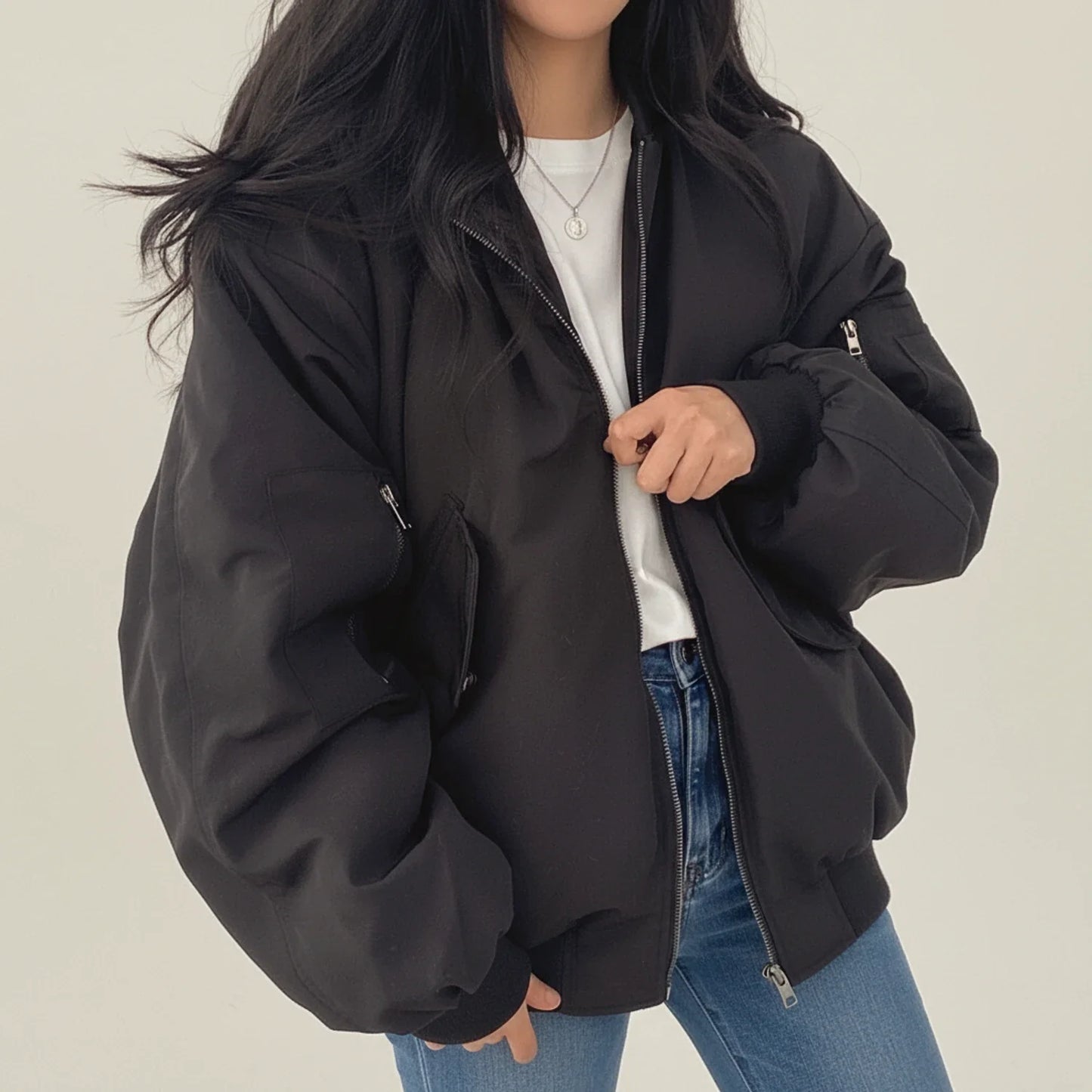 Bomber Jacket with Fur Hood for in Gray - back view