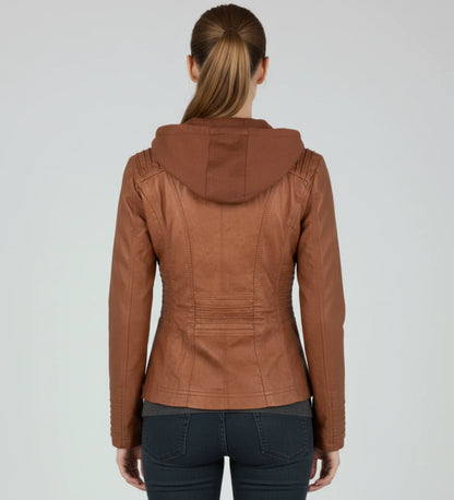 Luvrefashion | Tailored Moto Jacket with Hood in Brown - detail view