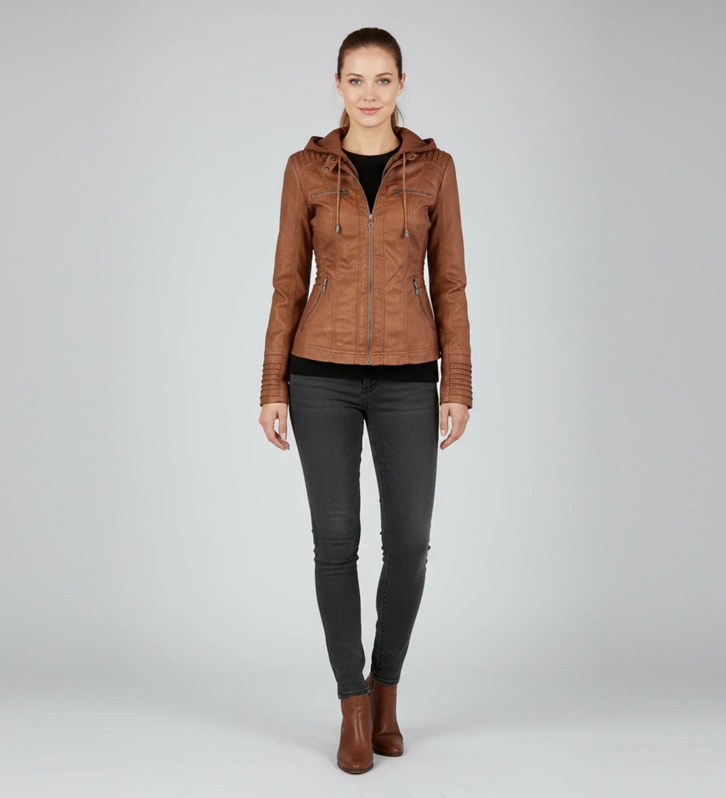 Luvrefashion | Tailored Moto Jacket with Hood in Brown - back view
