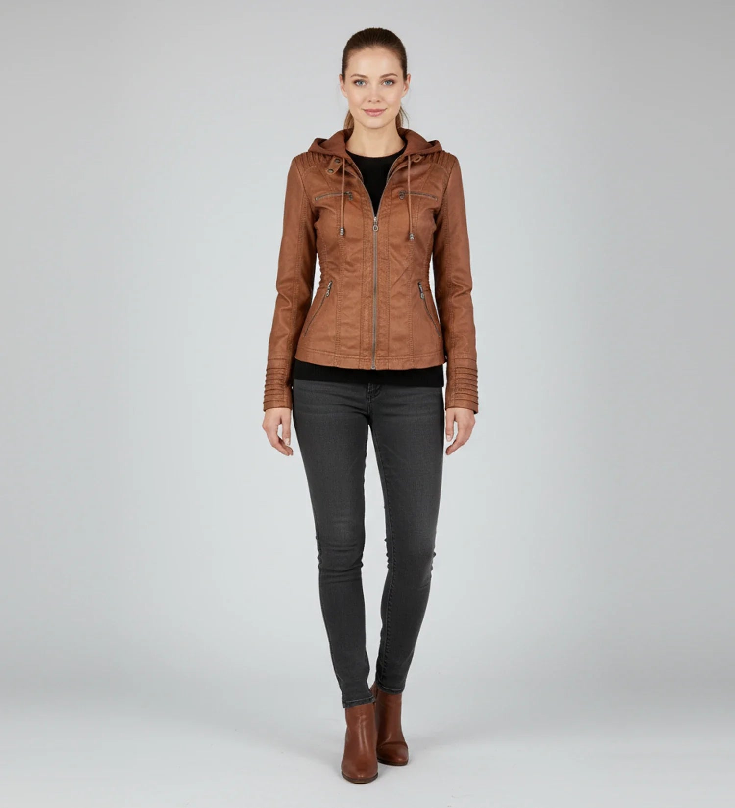 Luvrefashion | Tailored Moto Jacket with Hood in Brown - back view
