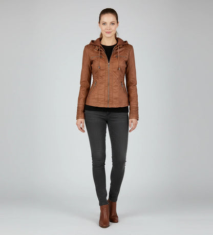 Luvrefashion | Tailored Moto Jacket with Hood in Brown - back view