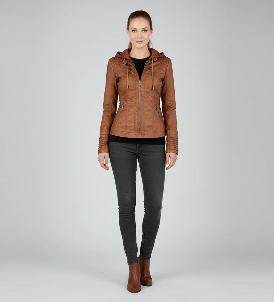 Luvrefashion | Tailored Moto Jacket with Hood in Brown - back view