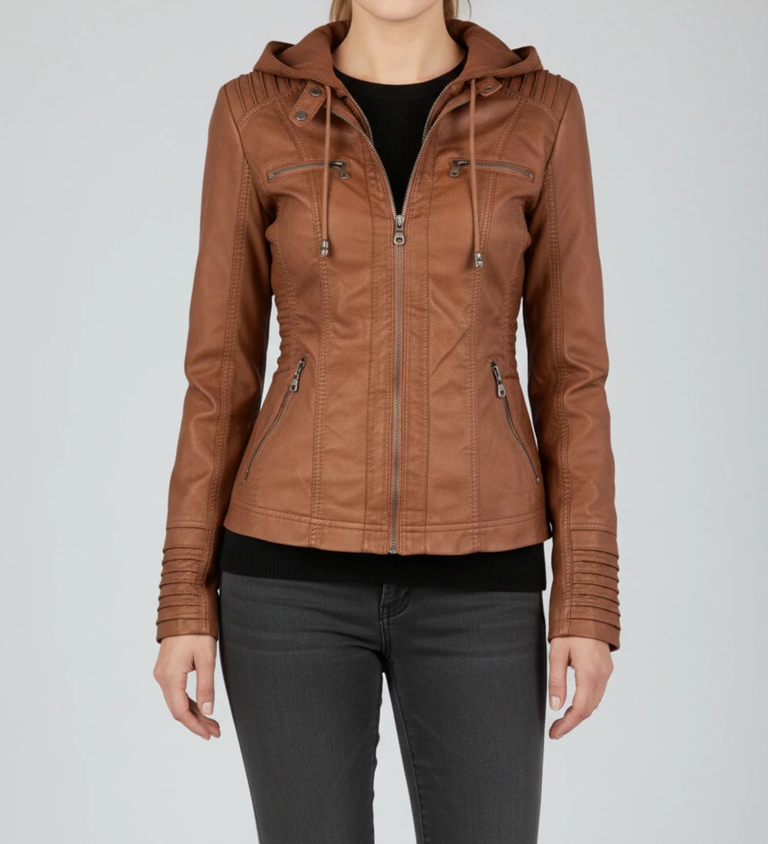 Luvrefashion | Tailored Moto Jacket with Hood in Brown - side view