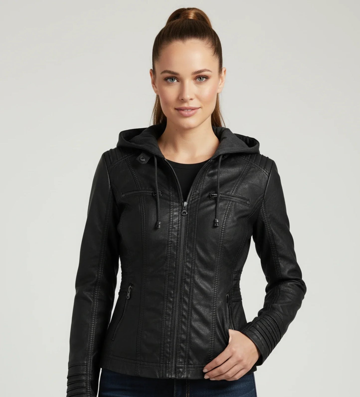Luvrefashion | Tailored Moto Jacket with Hood in Brown - styled look