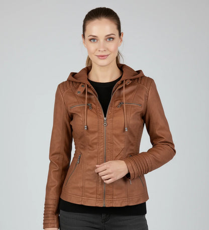 Luvrefashion | Tailored Moto Jacket with Hood in Brown - front view