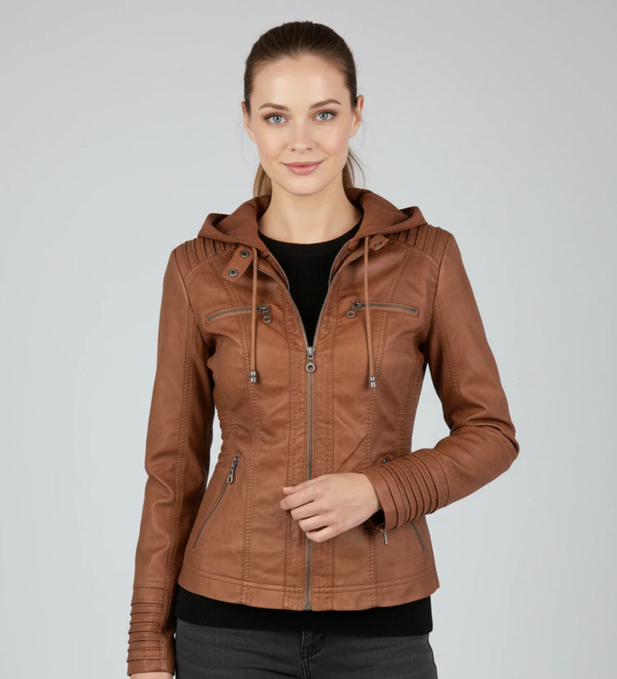 Luvrefashion | Tailored Moto Jacket with Hood in Brown - front view