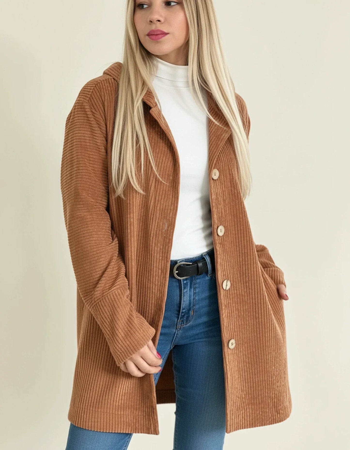 Mid Length Hooded Jacket for in Red - detail view