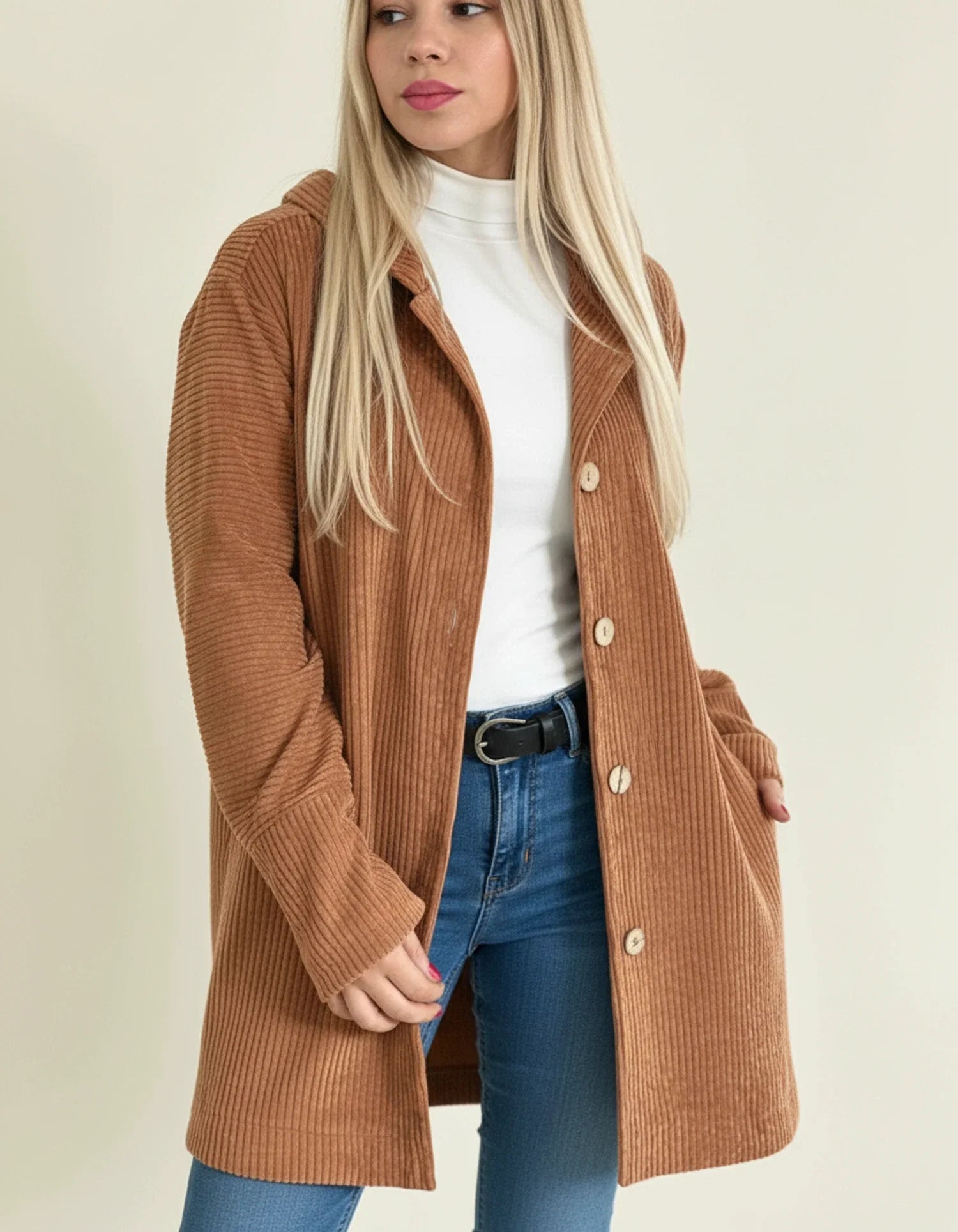 Luvrefashion | Mid Length Hooded Jacket for in Red - detail view