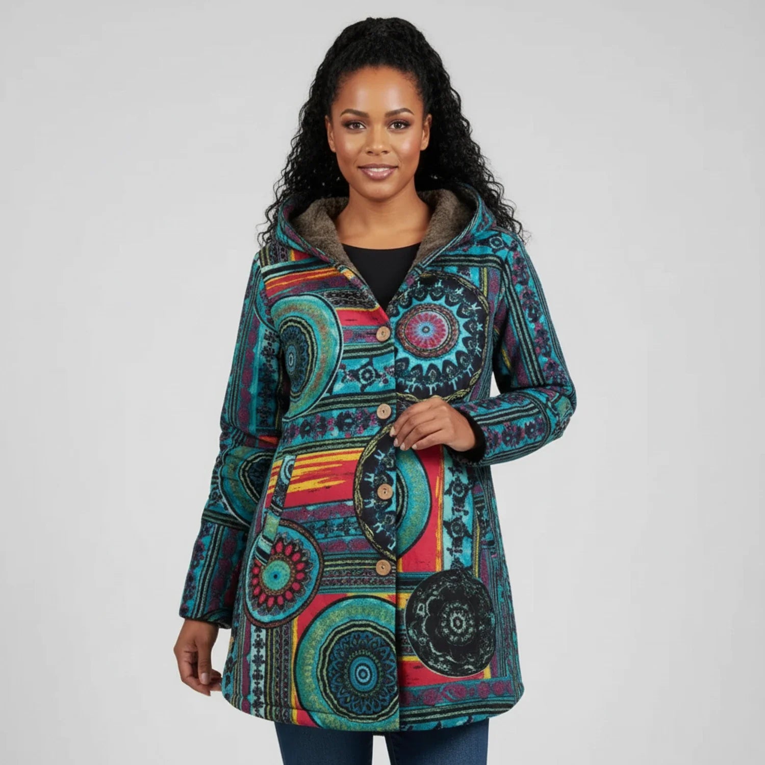 Bohemian Hooded Winter Jacket for in Multicolor - front view