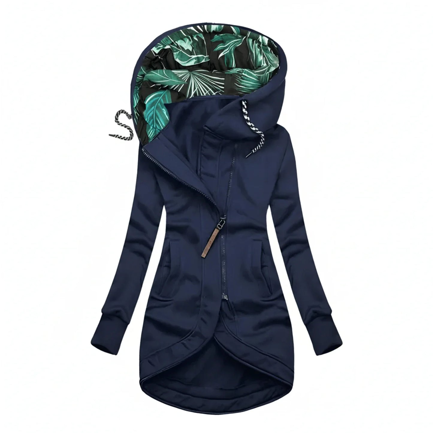 Hooded Winter Jacket with Tunic Length in Navy Blue - front view