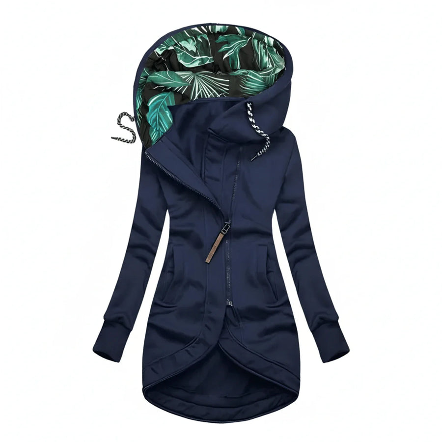 Luvrefashion | Hooded Winter Jacket with Tunic Length in Navy Blue - front view