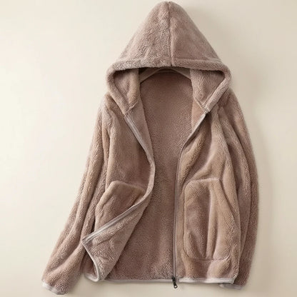 Luvrefashion | Ladies' Fleece Jacket with Hood in Pink - detail view