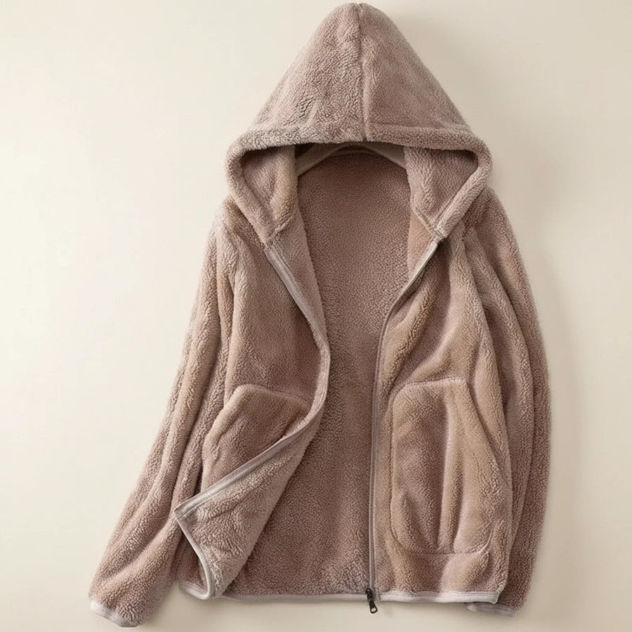Luvrefashion | Ladies' Fleece Jacket with Hood in Pink - detail view