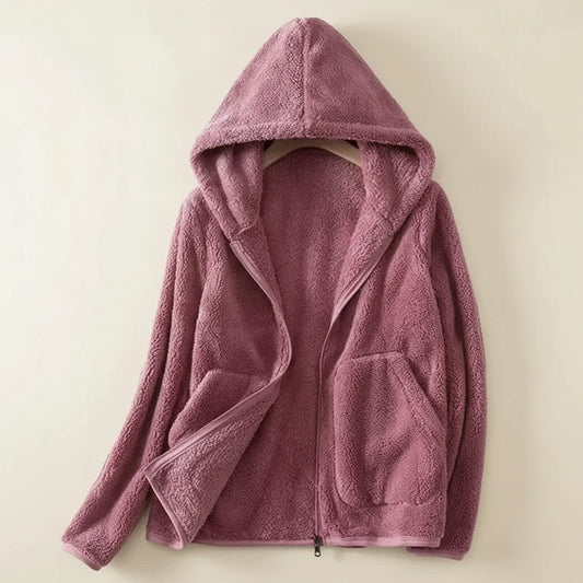 Ladies' Fleece Jacket with Hood in Pink - front view