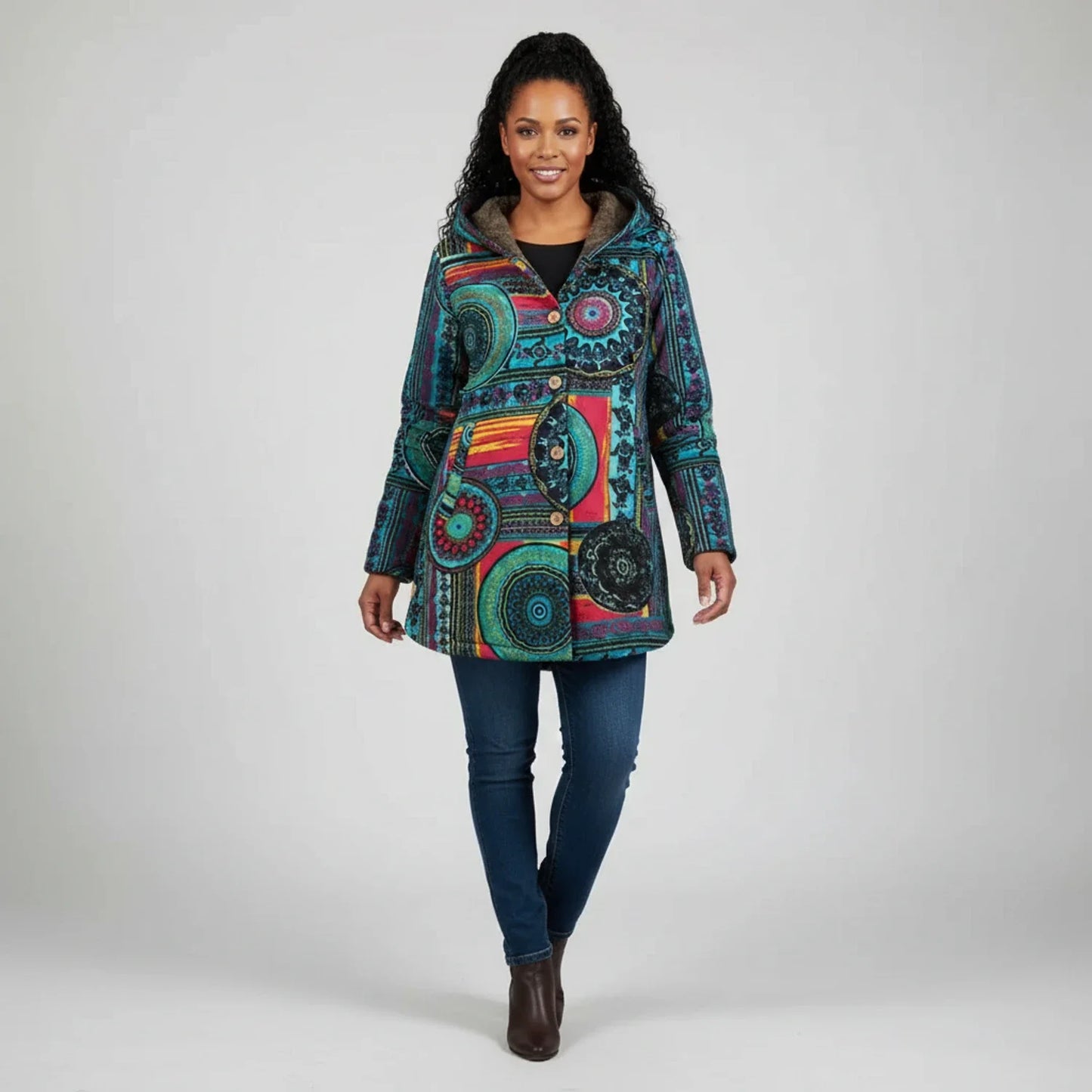 Bohemian Hooded Winter Jacket for in Multicolor - back view