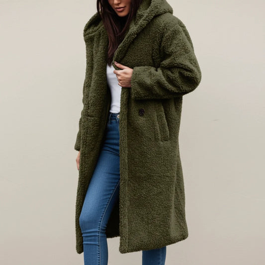 Long Teddy Hooded Winter Coat in Green - front view