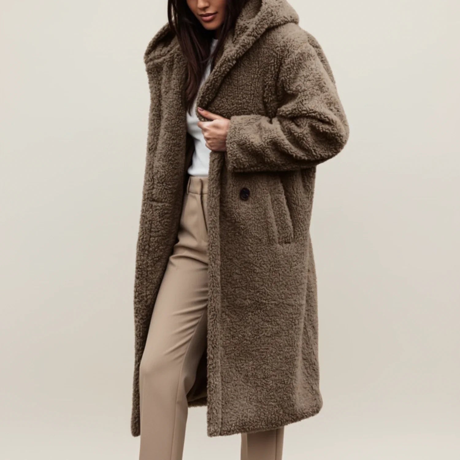 Luvrefashion | Long Teddy Hooded Winter Coat in Green - detail view
