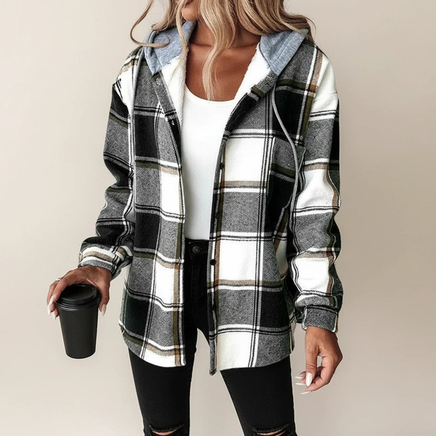 Plaid Hooded Shirt Jacket for Winter Edition in Red - back view