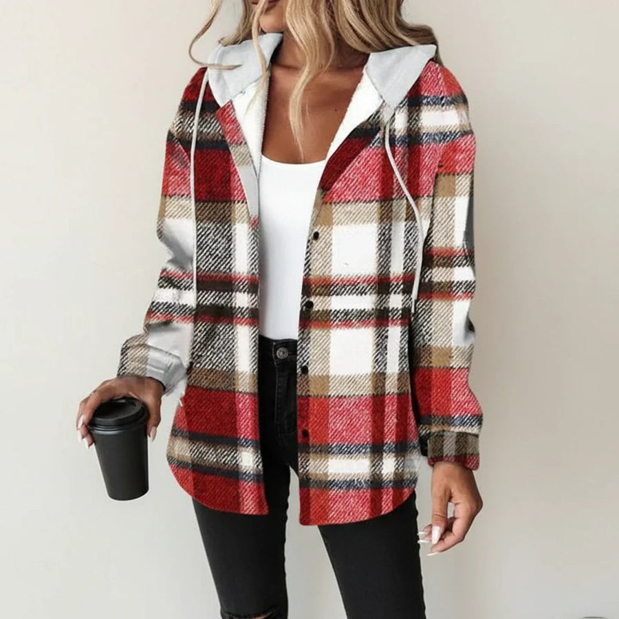 Luvrefashion | Plaid Hooded Shirt Jacket for Winter Edition in Red - front view
