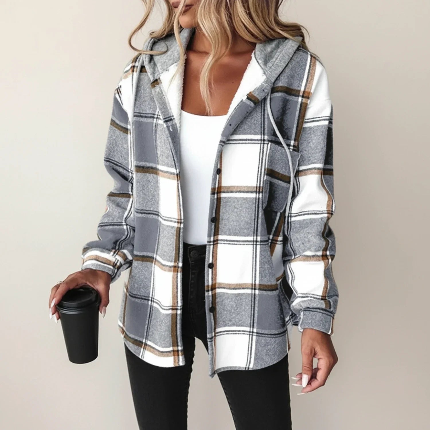 Luvrefashion | Plaid Hooded Shirt Jacket for Winter Edition in Red - detail view