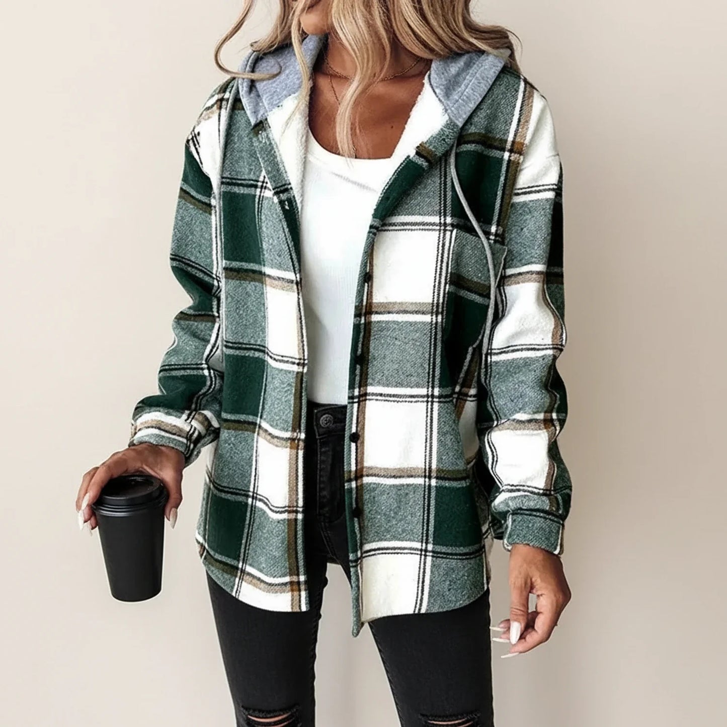 Plaid Hooded Shirt Jacket for Winter Edition in Red - side view