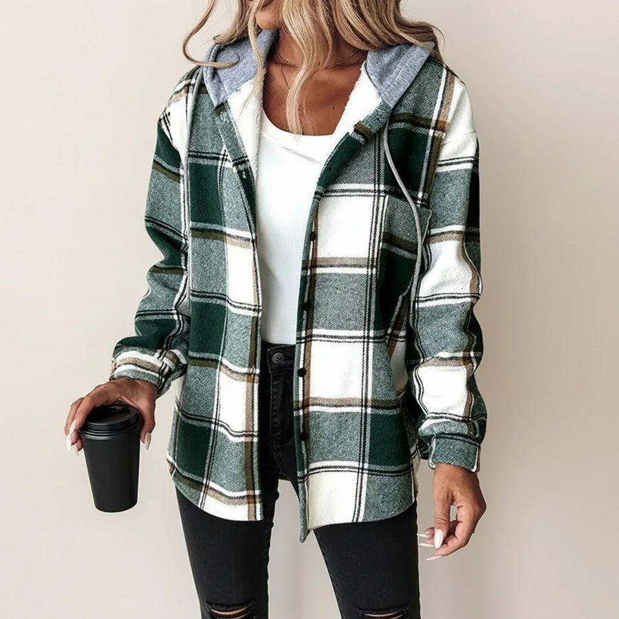 Luvrefashion | Plaid Hooded Shirt Jacket for Winter Edition in Red - side view