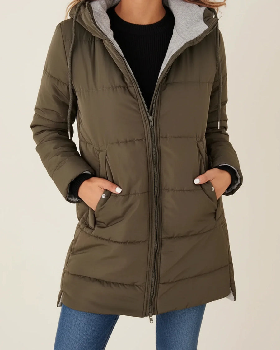 Luvrefashion | Quilted Hooded Long Winter Coat in Army Green - front view